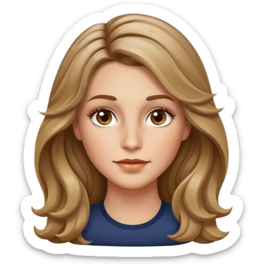 long dark Blond with highlights wavy hair white women, oval shape face hazel eyes long lashes little bit of freckles on the nose high cheek bones sticker
