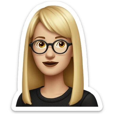 a white woman with round gold glasses, black sweater and faded red shoulder-length hair with bangs sticker