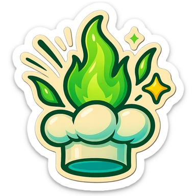 chef's hat explode with trails of fires, emoji, playful, magic flame green gradient, vibrant, flame matching style reference file sticker