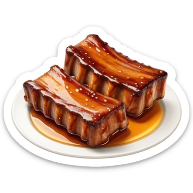 Honey Glazed BBQ Ribs Cinematic Realistic Honey Glazed BBQ Ribs Dish Emoji, depicted as a small portion of tender, honey-glazed ribs with a sticky, smoky finish, rendered with rich textures and warm, dynamic lighting. sticker