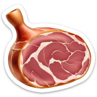 Jamón Serrano Cinematic Realistic Jamón Serrano Dish Emoji, depicted as a prominent leg of cured ham with visible marbling, rendered with rich textures and dynamic, appetizing lighting. sticker