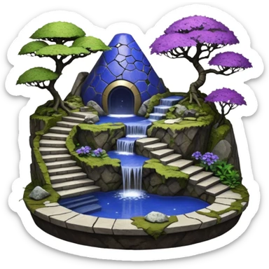 Crashed Alien saucer pool-house jungle winding narrow stairway fountain lakeside mountainside -island getaway nighttime landscape antique mudman very old broken cracked intricate Stone Age lapis-crusted irregular dodecagon-shaped shallow dark moss rough bark violet serissa flowered maple tree bonsai sticker