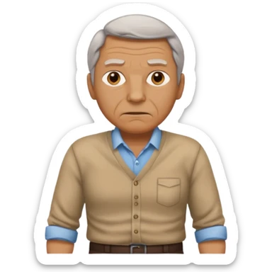 Clothed mature man standing, facing viewer, holding his crotch sticker