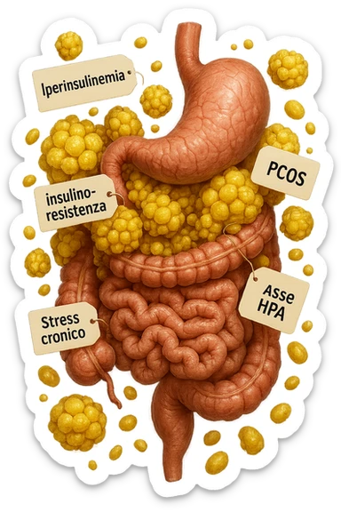 STOMACO E INTESTINO SONO VERTICALMENTE COLLEGATI E INTORNO A QUESTI ORGANI CI SONO CELLULE DI GRASSO GIALLE ATTACCATE SOPRA A GRAPPOLI, intorno fluttuano cellule di grasso giallo e alcune targhette con queste parole "Iperinsulinemia", "insulino-resistenza", "PCOS", "Stress cronico", "asse HPA", IPERREALISTICO 4K sticker