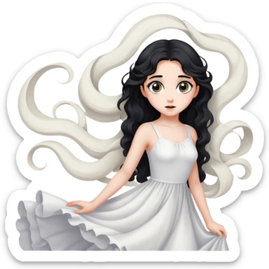 beautiful and pretty 16-year-old woman with big eyes, long wavy black hair, gray eyes, fair skin, wearing a white dress, and striking a pose sticker