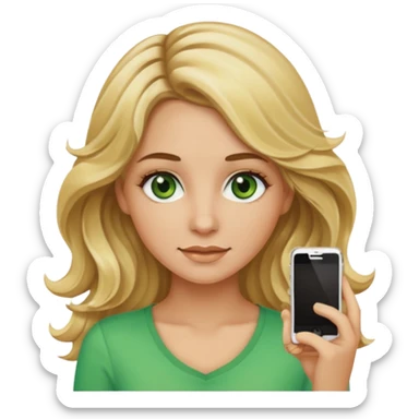 blonde-haired green-eyed young woman with long wavy hair brown roots blonde highlights brown eyebrows summer tan iPhone emoji style sticker