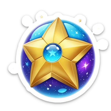 Uma esfera translúcida com reflexos roxos e azuis envolve uma estrela dourada brilhante no centro, criando um visual etéreo e futurista sticker