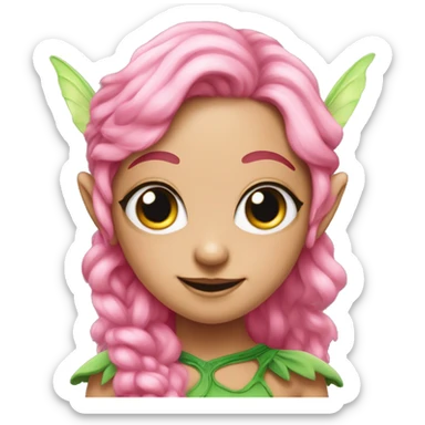 a pink-skinned creature with four eyes, elf ears with green curly hair, and fairy pixie wings sticker