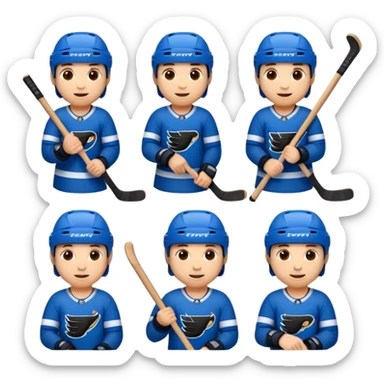 Set of 8 hockey sticker emojis for kids: happy player with a puck, tired player, celebratory player, player cheering, hockey helmet, hockey stick, ice rink, and team logo. sticker