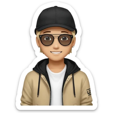 Portrait of a male K-pop idol, wearing a stylish streetwear outfit with layered clothing, makeup, wearing a black cap, happy, sunglasses sticker