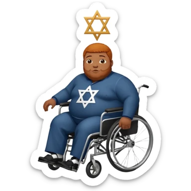 Obese Down syndrome black man with ginger hair in a wheelchair with a Jewish symbol  sticker