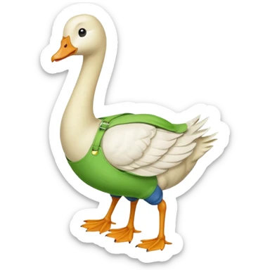 "Emoji of a white running goose with a very very long neck and two legs. The goose wears bright green dungarees." sticker