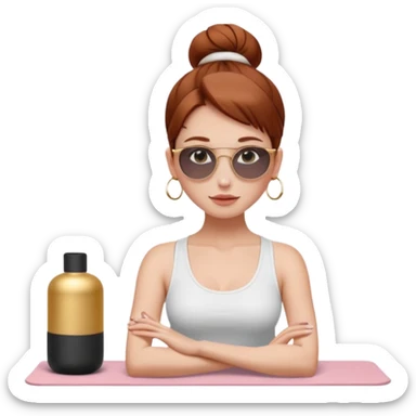 Clean girl influencer character, chest-up portrait.Sleek tight bun hair color (auburn .Natural glossy makeup, soft blush, shiny lips.Minimal white tank top, small gold hoop earrings, delicate gold necklace.Black sunglasses on head.Rolled yoga mat hanging over her shoulder. sticker