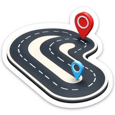 3D navigation map icon, simple curved road, location pin, smooth rounded shapes, Waze style, blue white and black colors, small red accents, clean minimal design, no background sticker