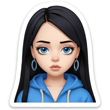billie eilish as pretty bratz baddie, sharp black eyeliner, black hair, blue eyes sticker