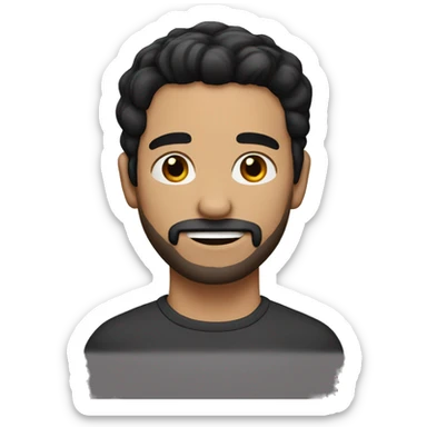 a man with black hair and a short haircut, a small black beard sticker