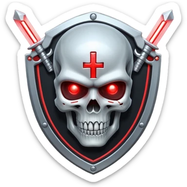 Sci-fi shield badge, terminator style skull, glowing red eyes, crossed futuristic sable and energy sword, no background sticker