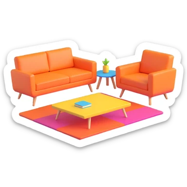 planned furniture, isometric view, modern living room set, sofa, coffee table, armchair, colorful sticker