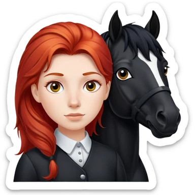 A red-haired girl with a black horse has a white stripe and a black mane on his face sticker