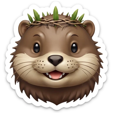 really cute smiling joyful otter face in three-quarter profile view with simple thorny stem wrapped horizontally around its forehead like Jesus Christ's Crown of thorns, no crown shape on top, just thin spiky branches circling the forehead, Apple emoji style, glossy finish, smooth gradients sticker