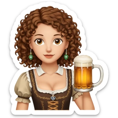 A white woman with brown, shoulder-length curly hair and brown eyes she is wearing a dirndl and holding a beer stein sticker