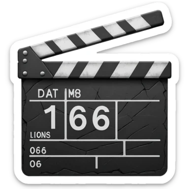 Minimalist emoji-style sticker of a cracked movie clapperboard with the date “06/06/66”, faint scorched marks, all in grayscale


 sticker