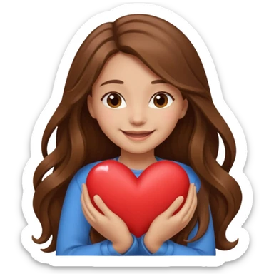 Long Brown hair smiling girl light skin hugging a heart sticker