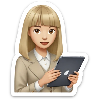 A woman in her late 20s and early 30s. She is an office worker as a content curator, but she looks smart about content. She likes to dress up, so she wears a neat but hip work look and has a good sense of fashion. A woman with long hair with bangs. She is holding an iPad or a MacBook. sticker