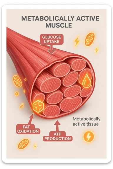 a highly detailed cross-section of human skeletal muscle fibers, shown in vibrant red and pink tones, with visible striations and realistic texture. Glowing arrows and animated icons represent active metabolic processes—such as glucose uptake, fat oxidation, and ATP production—occurring within the muscle tissue. Surrounding the muscle, floating symbols for mitochondria and energy highlight its metabolic activity. The background is clean and clinical, with subtle labels and infographics explaining that muscle is a metabolically active tissue. The overall style is modern, scientific, and visually engaging, suitable for educational or medical use. in italiano sticker