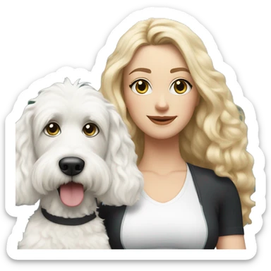 white woman with long blonde hair and cat shaped eyes wearing a yoga outfit standing alongside a black and white colored bernadoodle dog sticker