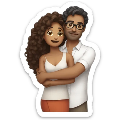 Indian woman with medium curly hair hugging a tall french man wearing glasses and a white shirt sticker
