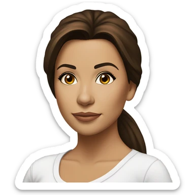 3/4 face, contrasted, shadow, light, Eva Longoria expression, standing from a distance, thin nose, brunette woman, hazel eyes, long eyelashes, dark shoulder shaded hair, white t-shirt, jeans, white sneakers sticker