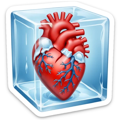 An artistic depiction of a human heart frozen in time, encased in a crystal-clear ice cube, symbolizing emotional coldness and isolation, cinematic lighting, high detail sticker