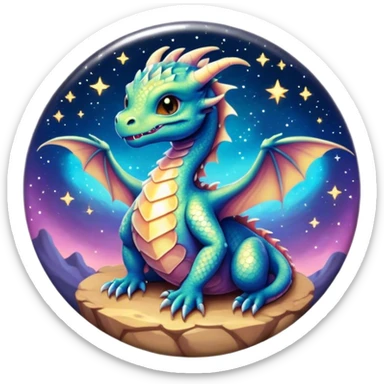 A round bezeled button with an Airbrush painted image of a dragon hatchling under a deep galactic sky with pearlescent scales and wings spread against the stars sticker
