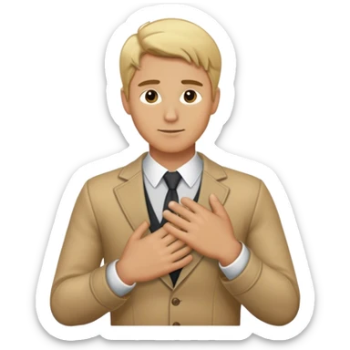 a blonde man wearing outfits put his one hand to the left of his chest sticker