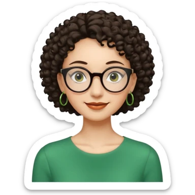 Slim, very slender woman with light skin, short dark curly hair, large brown eyes, black round glasses, big green earrings, thin arms and narrow shoulders, warm wide smile, friendly and intelligent expression. sticker