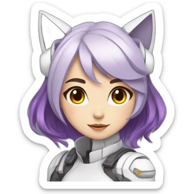 Anime mech pilot girl with short straight purple hair grey eyes white pilot suit and cat ears sticker