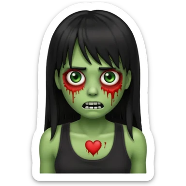 Zombie emoji with long hair black and bangs, with green skin, big red eyes, small nose, and a simple black tank top.  sticker