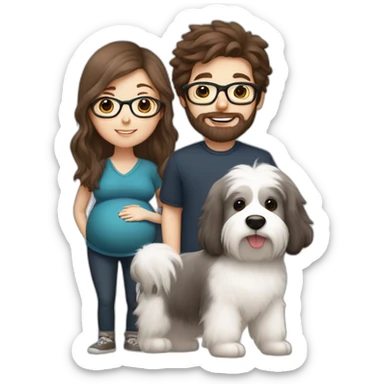 Pregnant girl with half long brown hair with glasses, a boy with long beard, glasses and short hair and english sheepdog sticker