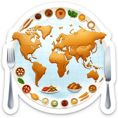 Icon for Culinary Tourism: a world map with food elements like a fork, knife and dish, surrounded by iconic dishes from various countries. The icon should represent the exploration of global cuisines and travel experiences. Transparent background. sticker