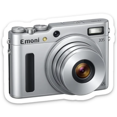 compact fully silver digital camera with a circular extended lens, metallic finish, small built-in flash and minimal buttons. from a slight 45 degreee angle facing the left sticker
