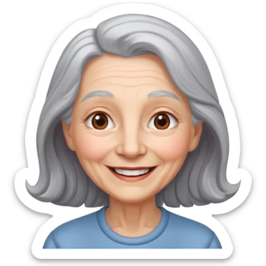 an elderly woman with long, grey hair and a smiling face sticker