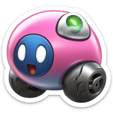 Metal cute Kirby ball driving on 4 car wheels sticker