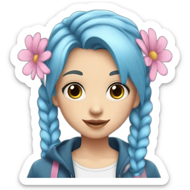 Girl teenager with blue hair and two pigtails. She has blue eyes. She is wearing a white shirt with pink flowers on the shirt , and a blue jacket. sticker