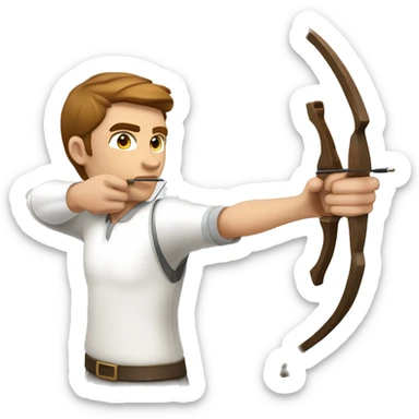 a male archer aiming with a bow looking at his target, wearing a white shirt, very show brown hair, bright skin sticker