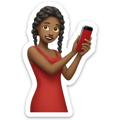 a girl in red dress holding a cell phone sticker