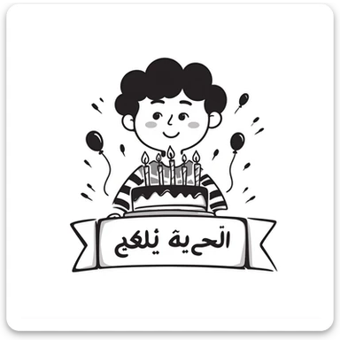 A very colorful, vibrant illustration of a happy little boy celebrating with a birthday cake with lit candles, colorful balloons and decorations. Include large, clear Persian text at the bottom that says: "امیدرضا جان تولدت مبارک" sticker