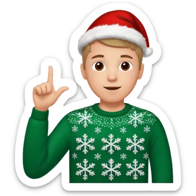 A guy pointing up with one hand and he has a christmas sweater with snowflakes in it sticker