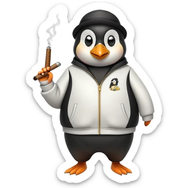 friendly anthropomorphised penguin wearing a mafia-style tracksuit, holding a cigar, secretive scheming pose, soprano vibe sticker