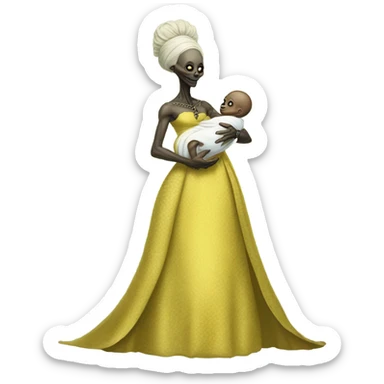  Reptilian alien woman, full body, in victorian jellow elegant dress, holds a newborn white humman baby sticker